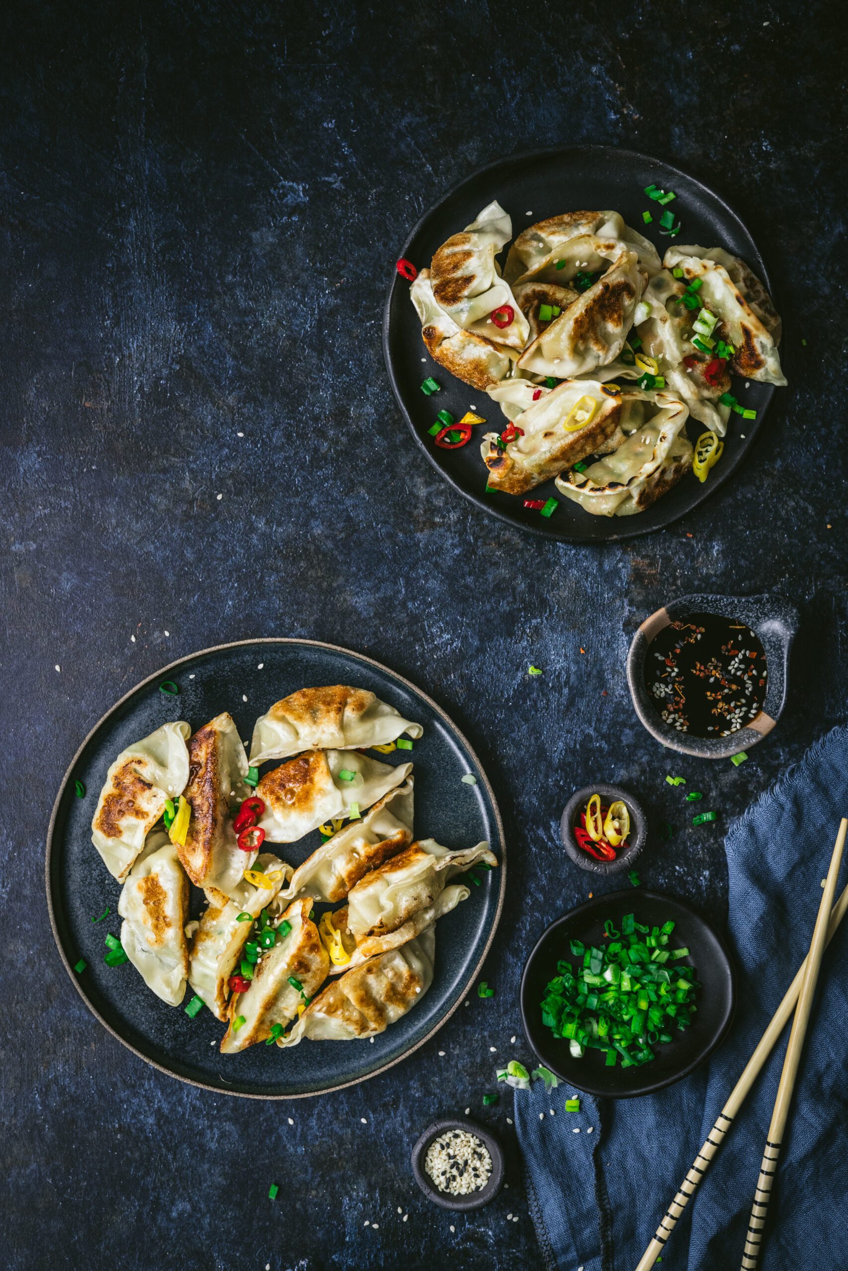 Gyoza na granatowym tle fotograficznym.