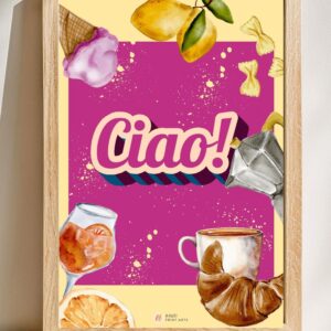 plakat na ścianę z napisem ciao, kawą, lodami i wszystkim co kojarzy się z włochami